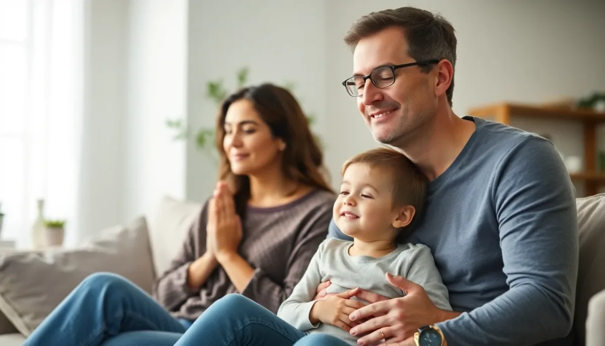 Famille retrouvant l'équilibre et la sérénité, illustrant la transformation du regret en acceptation