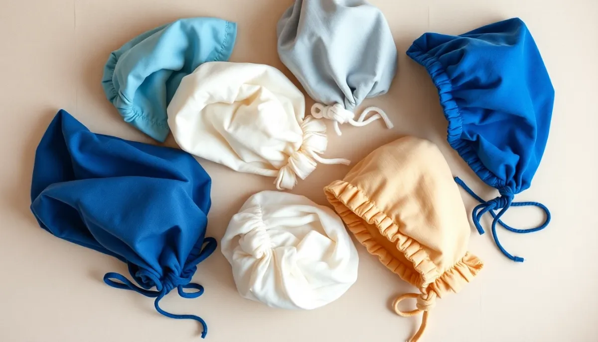 Collection de bonnets bébé en différentes matières et textures photographiés en vue de dessus