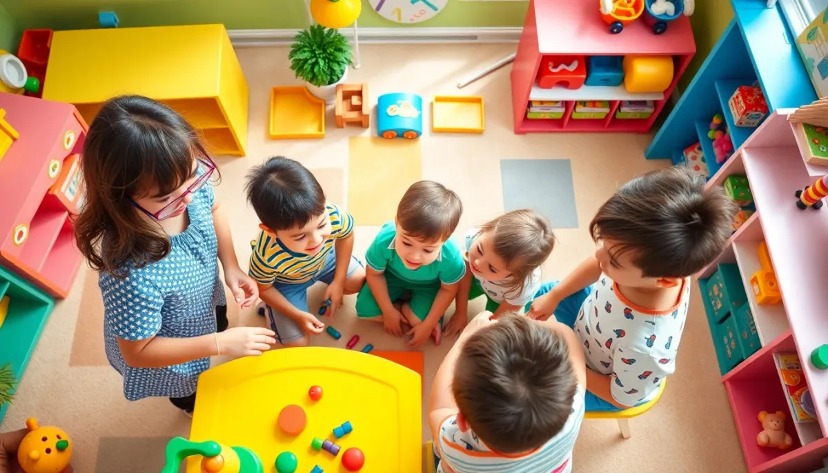 Enfants jouant ensemble dans un environnement de crèche coloré et stimulant