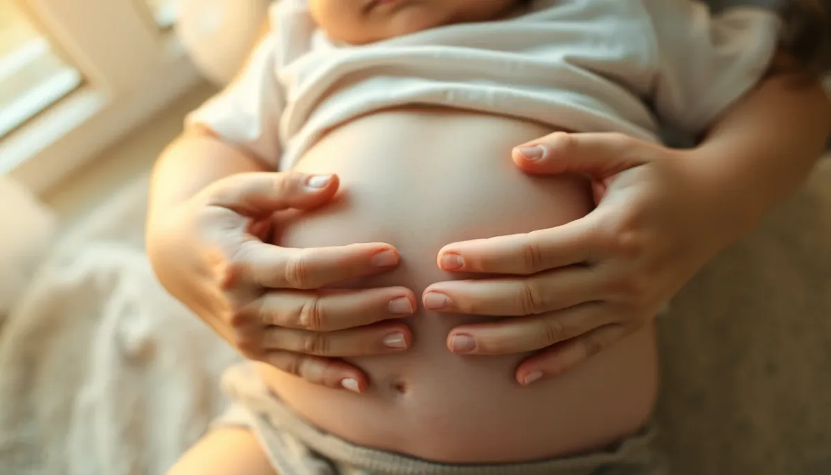Mains d'un parent massant doucement le ventre d'un bébé pour soulager les coliques