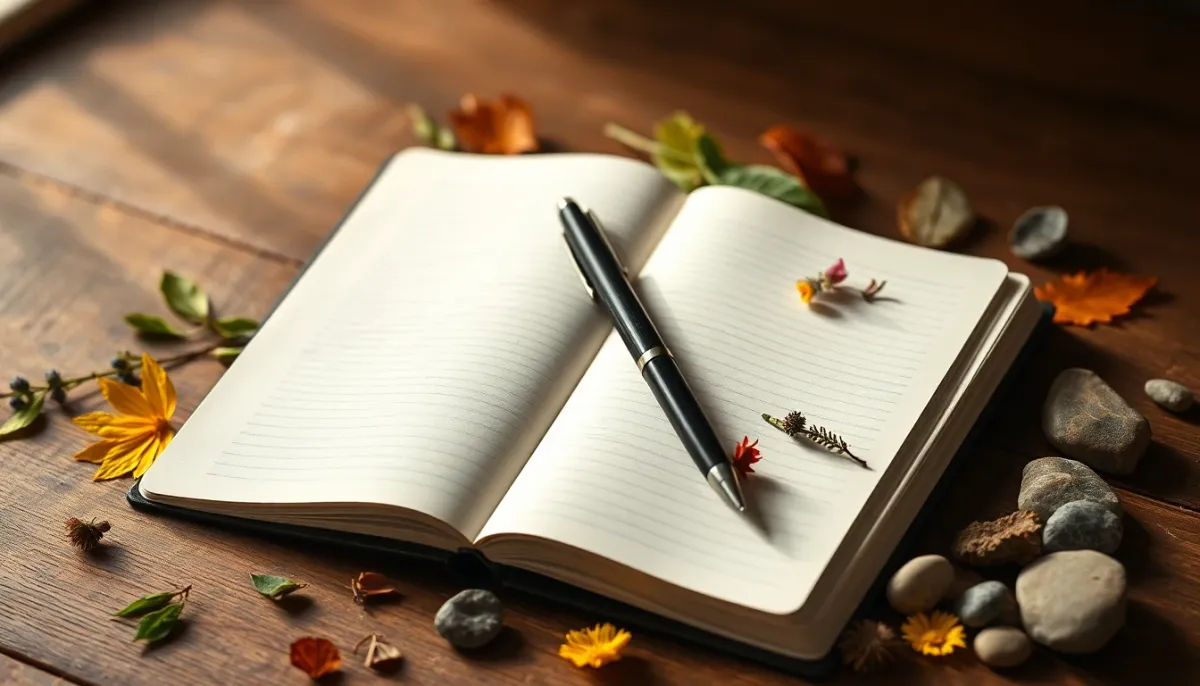 Journal ouvert avec stylo entouré de fleurs pressées et éléments naturels pour symboliser le choix d'un prénom