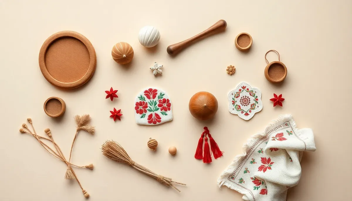 Composition de symboles culturels ukrainiens et objets féminins arrangés en vue de dessus