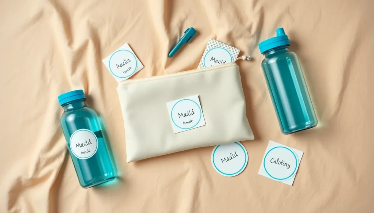 Ensemble complet de cadeaux personnalisés pour la crèche avec étiquettes, gourde et pochette arrangés de manière attractive