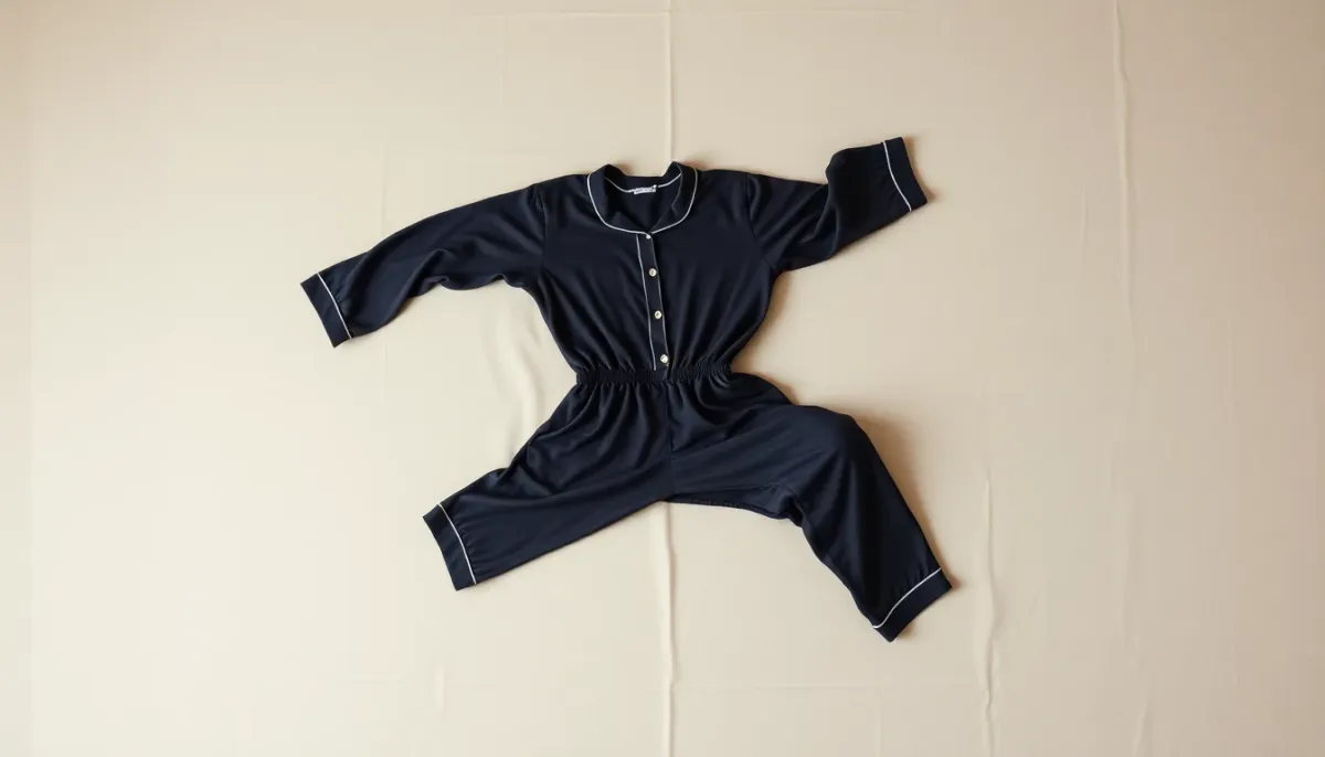 Surpyjama étendu à plat montrant la couverture complète du corps et la séparation des jambes