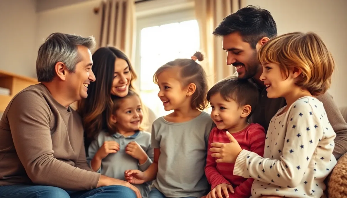 Parents avec enfants d'âges différents partageant un moment authentique à la maison