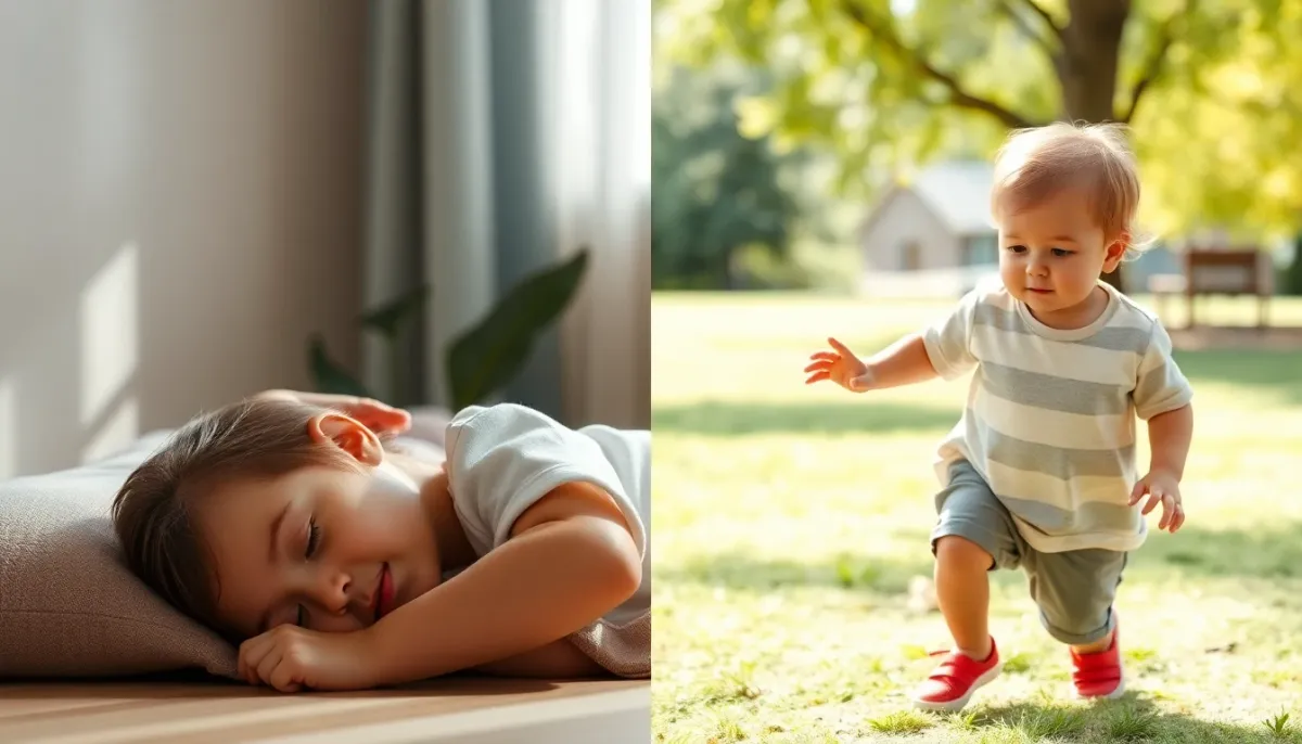 Composition montrant le contraste entre repos et activité chez l'enfant, illustrant les avantages et inconvénients de l'arrêt de la sieste