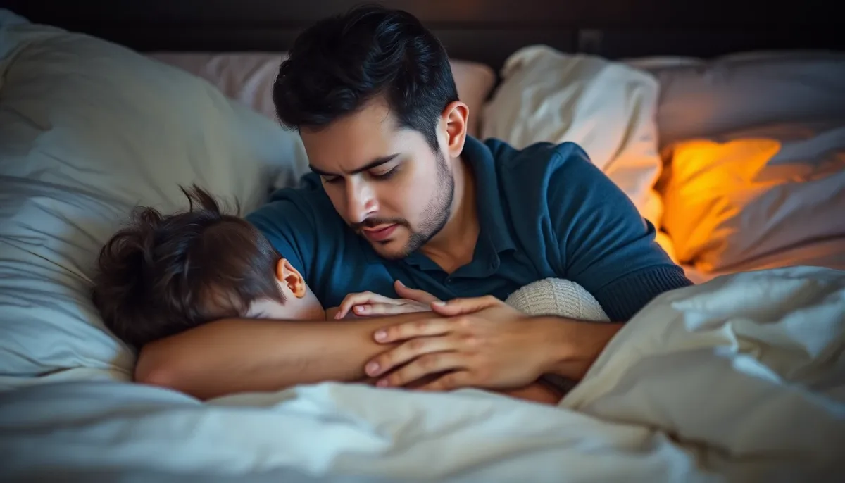 Parent réconfortant un enfant dans son lit après un cauchemar avec une lumière chaude et douce