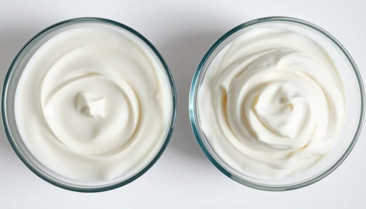 Comparaison visuelle entre crème fraîche pasteurisée et crème fraîche crue en gros plan