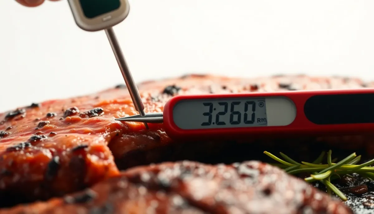 Thermomètre de cuisine inséré dans de la viande cuite montrant la température de cuisson