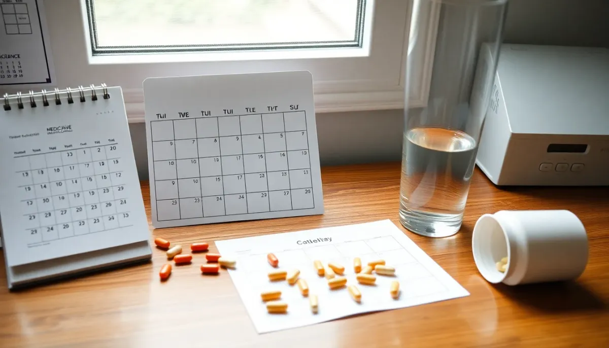 Mise en place d'un traitement médicamenteux avec calendrier et verre d'eau, illustrant la posologie progressive
