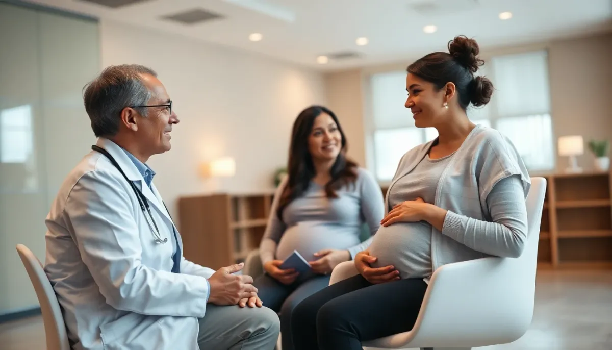Consultation médicale entre une femme enceinte et un professionnel de santé, illustrant l'importance de vérifier les précautions avant traitement