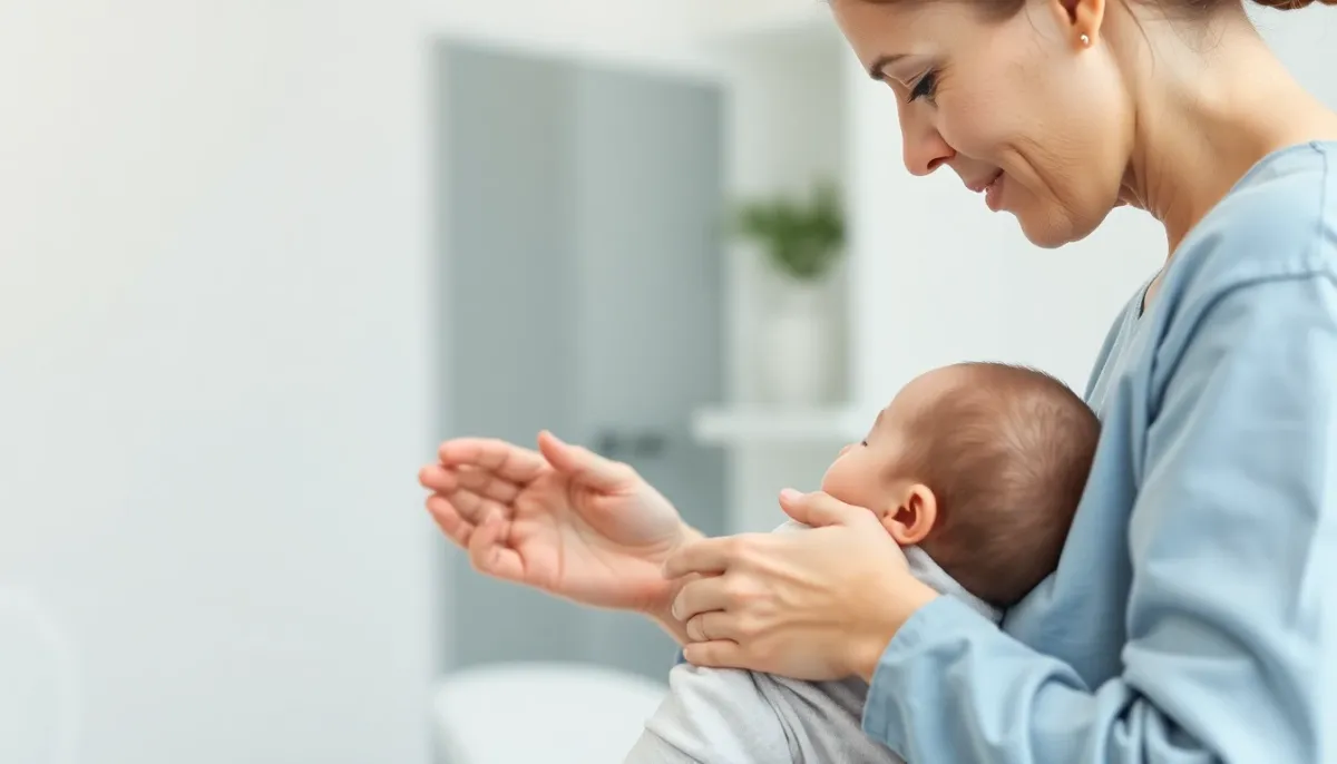 Professionnel de santé effectuant un examen ostéopathique sur un bébé, illustrant l'expertise médicale
