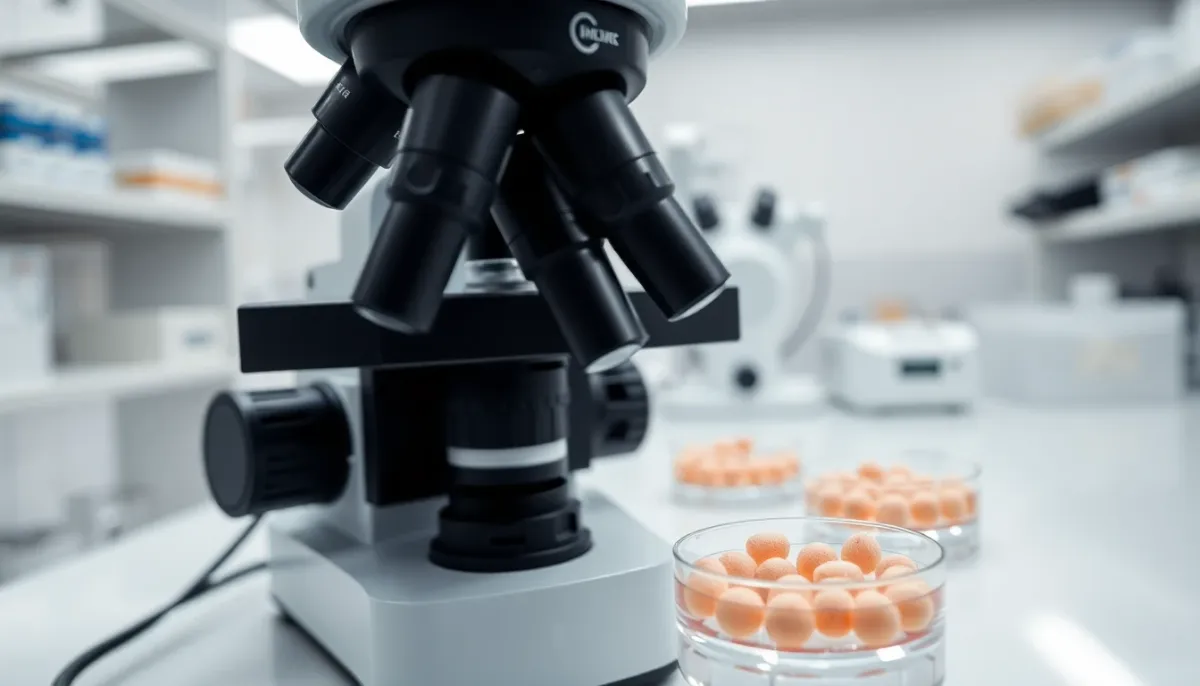 Gros plan sur des ovocytes en laboratoire sous microscope en cours de préparation