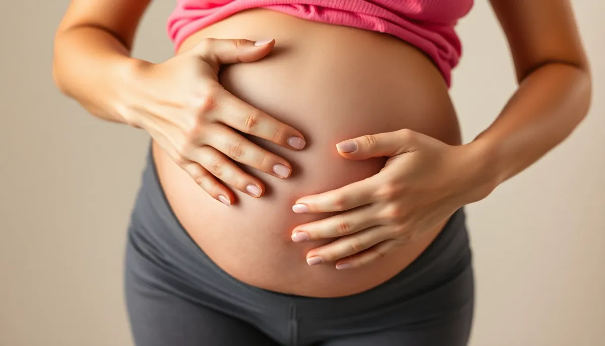 Gros plan sur l'abdomen d'une femme enceinte pendant une contraction, montrant la sensation physique