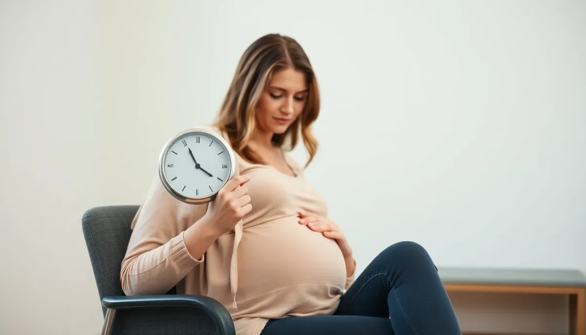 Femme enceinte observant l'heure pour chronométrer ses contractions, moment d'évaluation