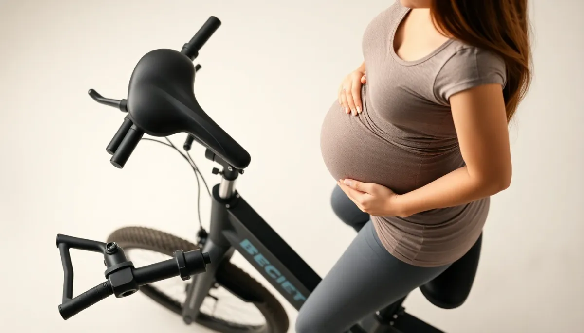 Détail de l'ajustement ergonomique d'un vélo électrique pour une femme enceinte au troisième trimestre