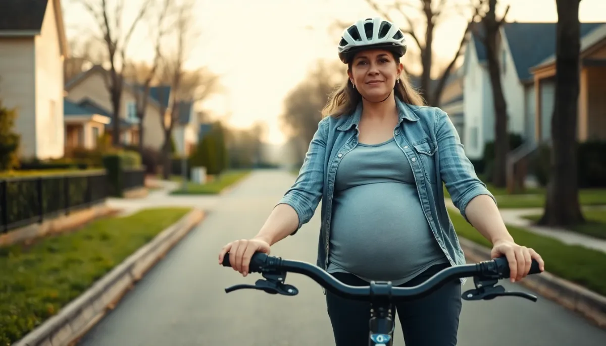 Femme enceinte à vélo électrique sur un trajet court et sécurisé près de son domicile en lumière naturelle
