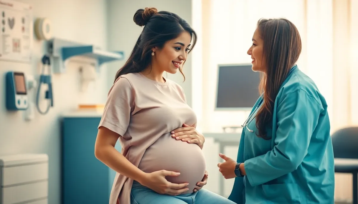 Femme enceinte en consultation avec un professionnel de santé pour des conseils alimentaires