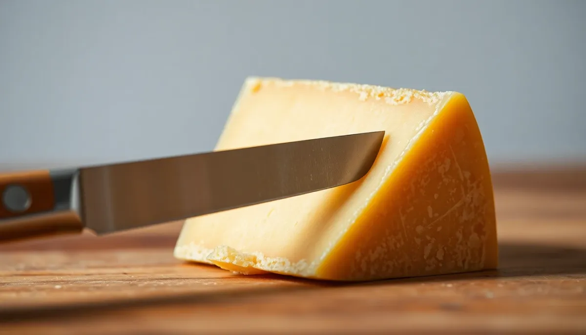 Détail d'une tranche de fromage à pâte dure montrant la technique de découpe et la texture cristalline