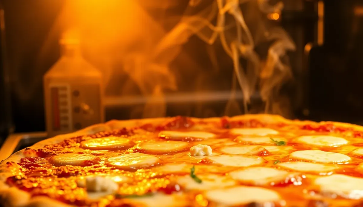 Pizza au gorgonzola fondu sortant du four avec vapeur visible et thermomètre de cuisson