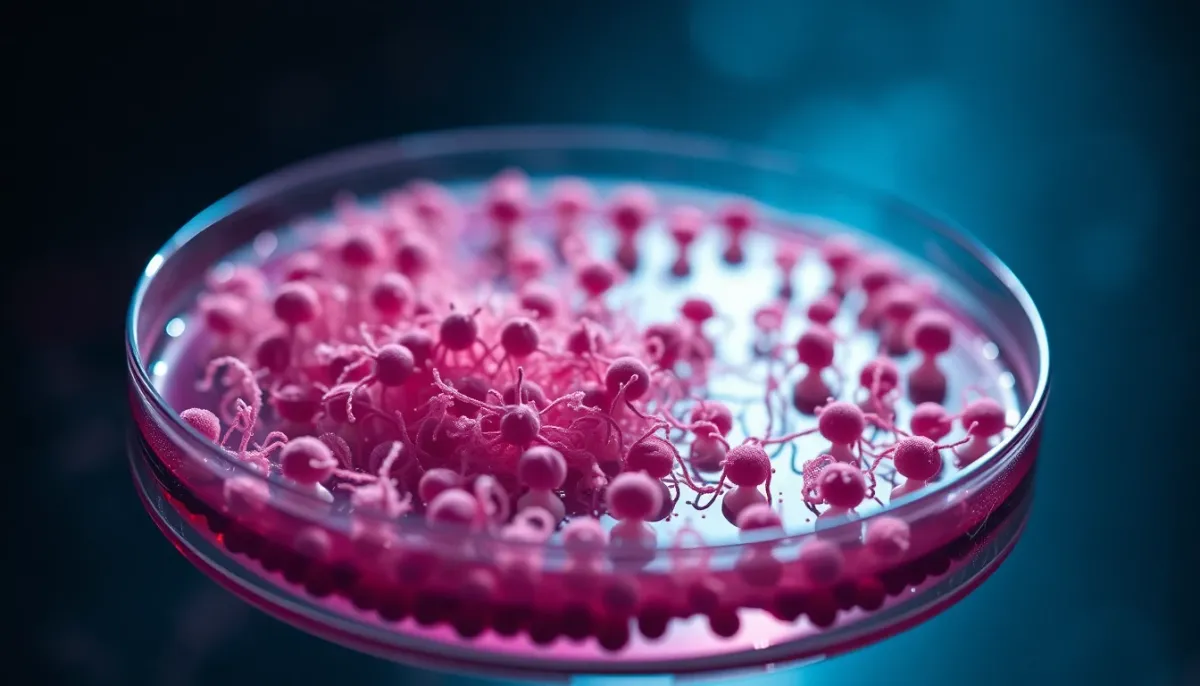 Gros plan détaillé de bactéries Listeria monocytogenes en culture, visualisation scientifique