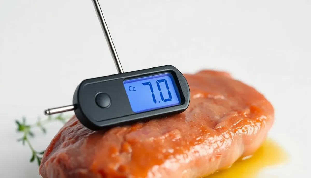 Thermomètre de cuisine inséré dans un magret de canard indiquant 70°C de température interne