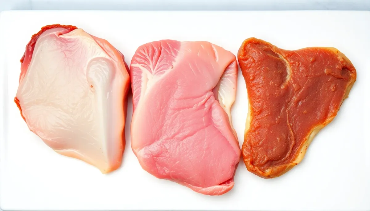 Comparaison visuelle de trois formes de magret : cuit complètement, rosé cru, et séché