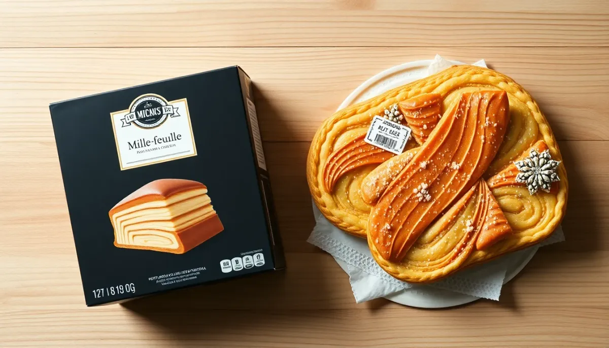 Comparaison visuelle entre un mille-feuille industriel emballé et un mille-feuille artisanal