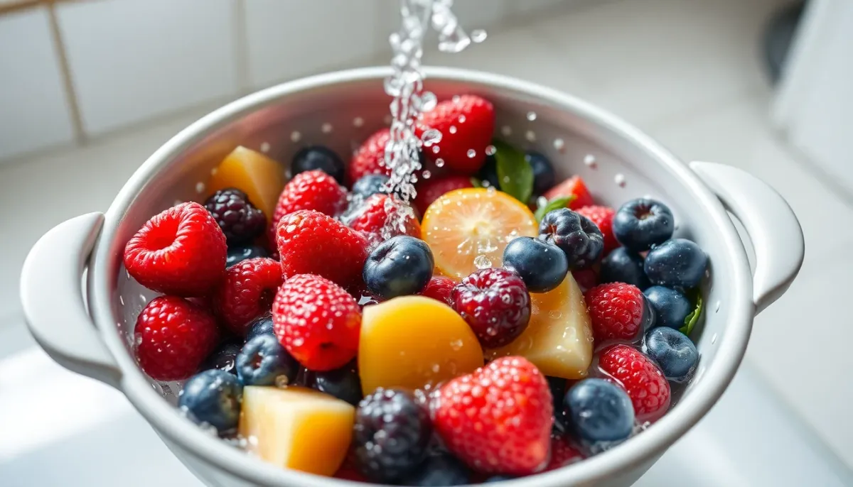 Fruits frais lavés sous l'eau courante dans une passoire, illustrant l'hygiène alimentaire
