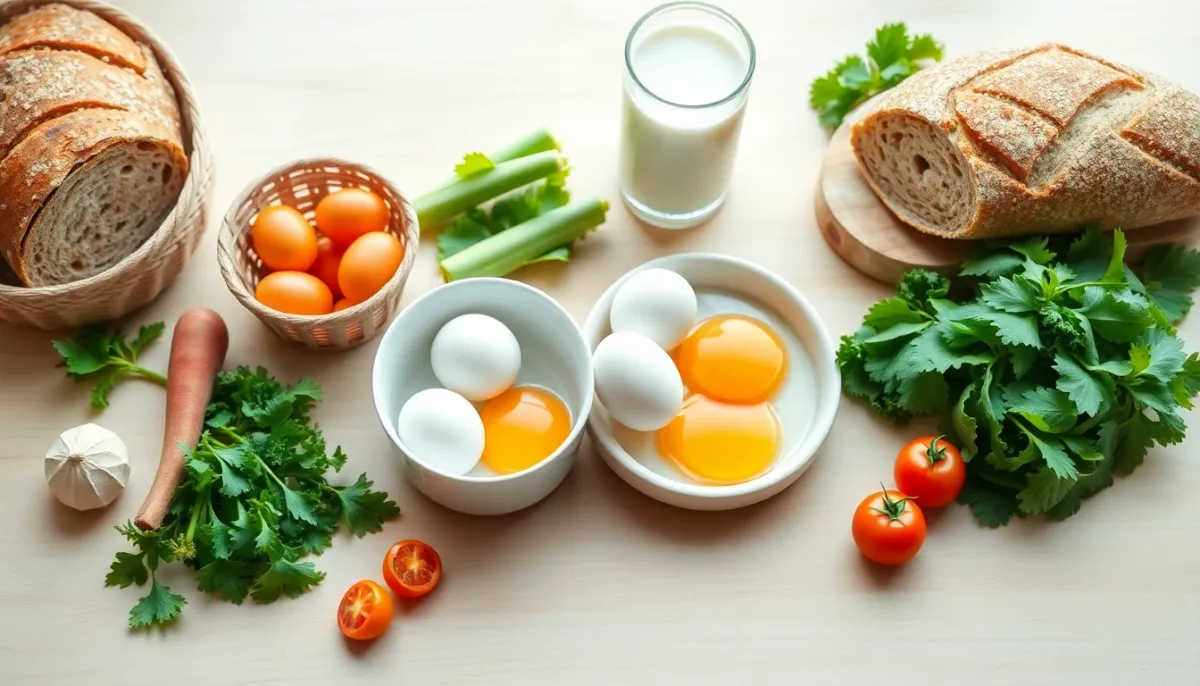 Composition de petits-déjeuner nutritif avec œufs, légumes frais et produits laitiers