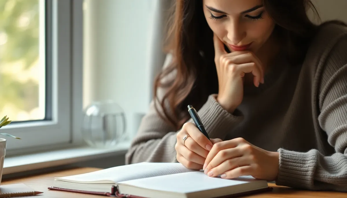Femme en moment de réflexion personnelle, écrivant dans un carnet avec lumière naturelle douce