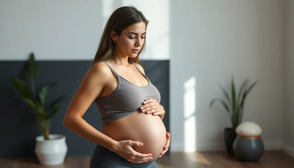 Femme enceinte dans un moment de bien-être et d'acceptation de soi, éclairage naturel studio