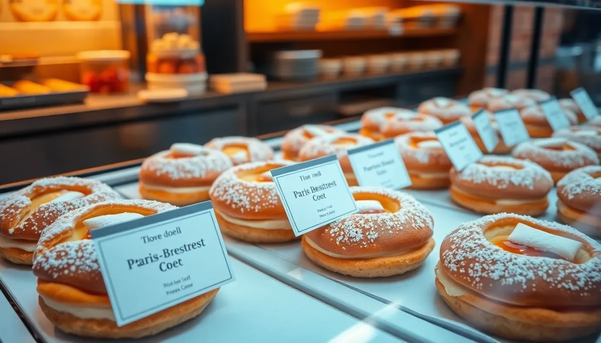 Vitrine de pâtisserie avec Paris-Brest frais en présentation professionnelle