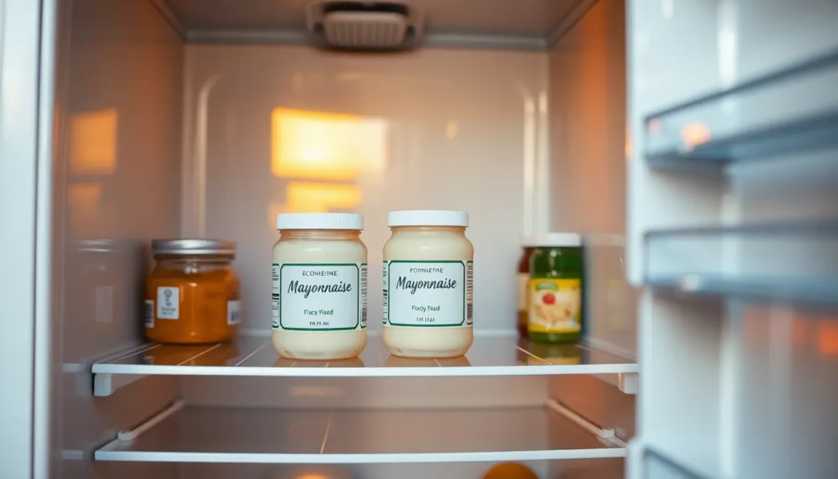 Intérieur de réfrigérateur avec pot de mayonnaise correctement stocké et fermé