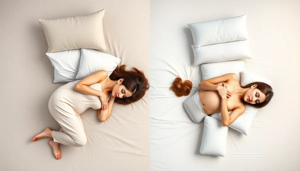 Comparaison visuelle des positions de sommeil pendant la grossesse avec coussins de soutien pour chaque position