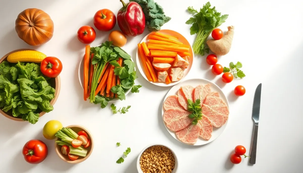 Préparation d'un repas sain et équilibré pendant la grossesse avec fruits et légumes frais
