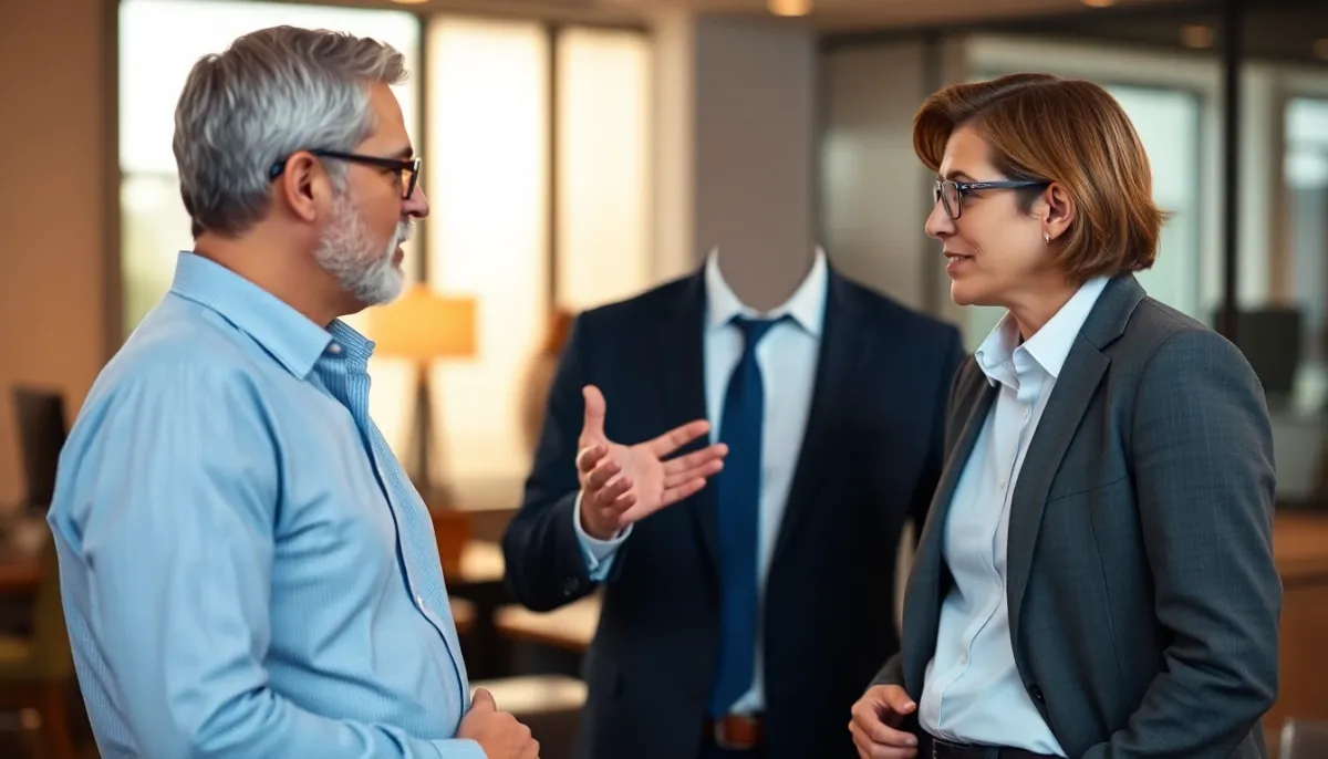Conversation professionnelle entre deux personnes dans un bureau, dialogue et communication