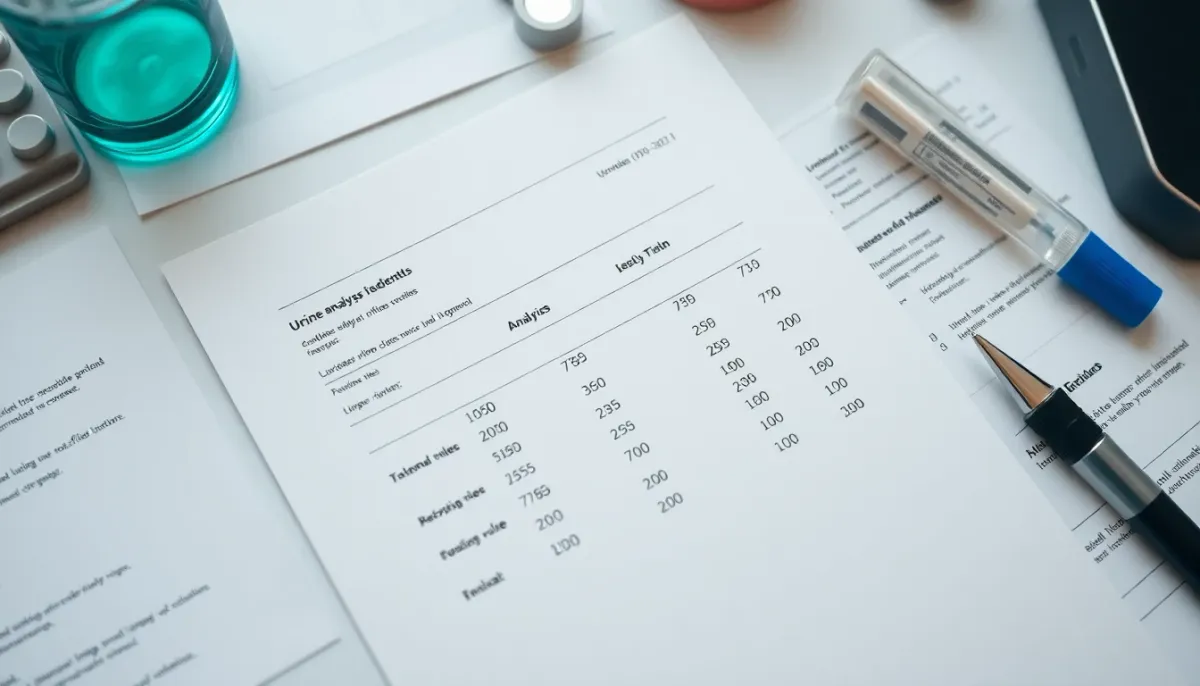Résultats d'analyses d'urine et documents médicaux sur un bureau en vue de dessus