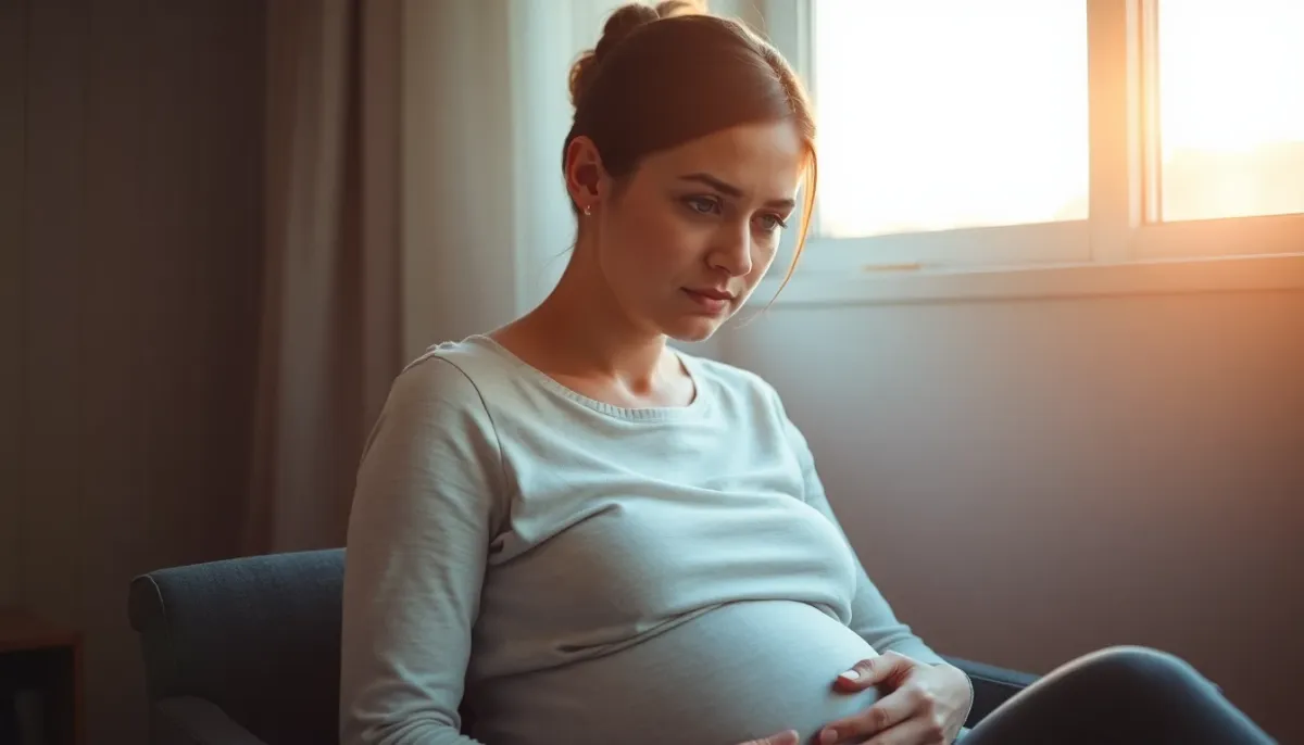 Femme enceinte en moment de réflexion illustrant la préoccupation face aux symptômes d'alerte