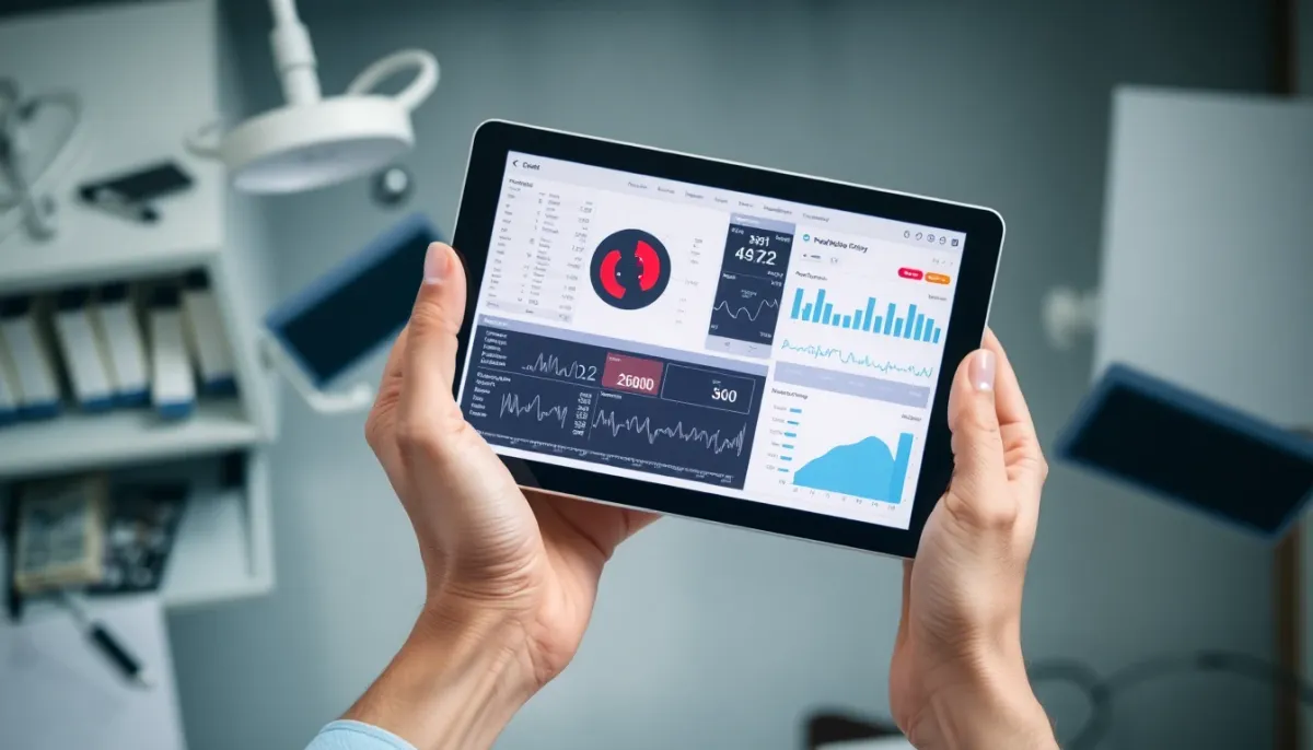 Professionnel de santé consultant des données médicales et des graphiques de suivi sur tablette