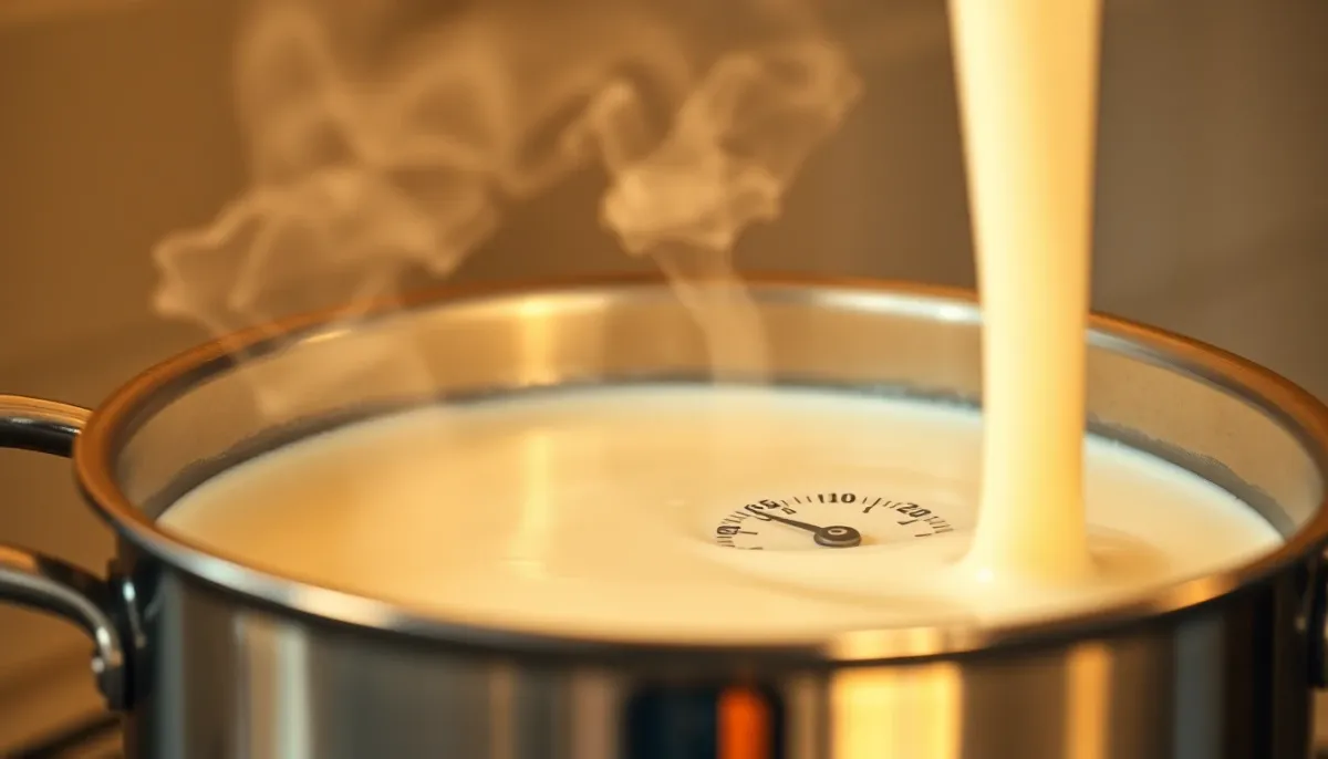 Processus de pasteurisation du lait avec thermomètre montrant la température de chauffage