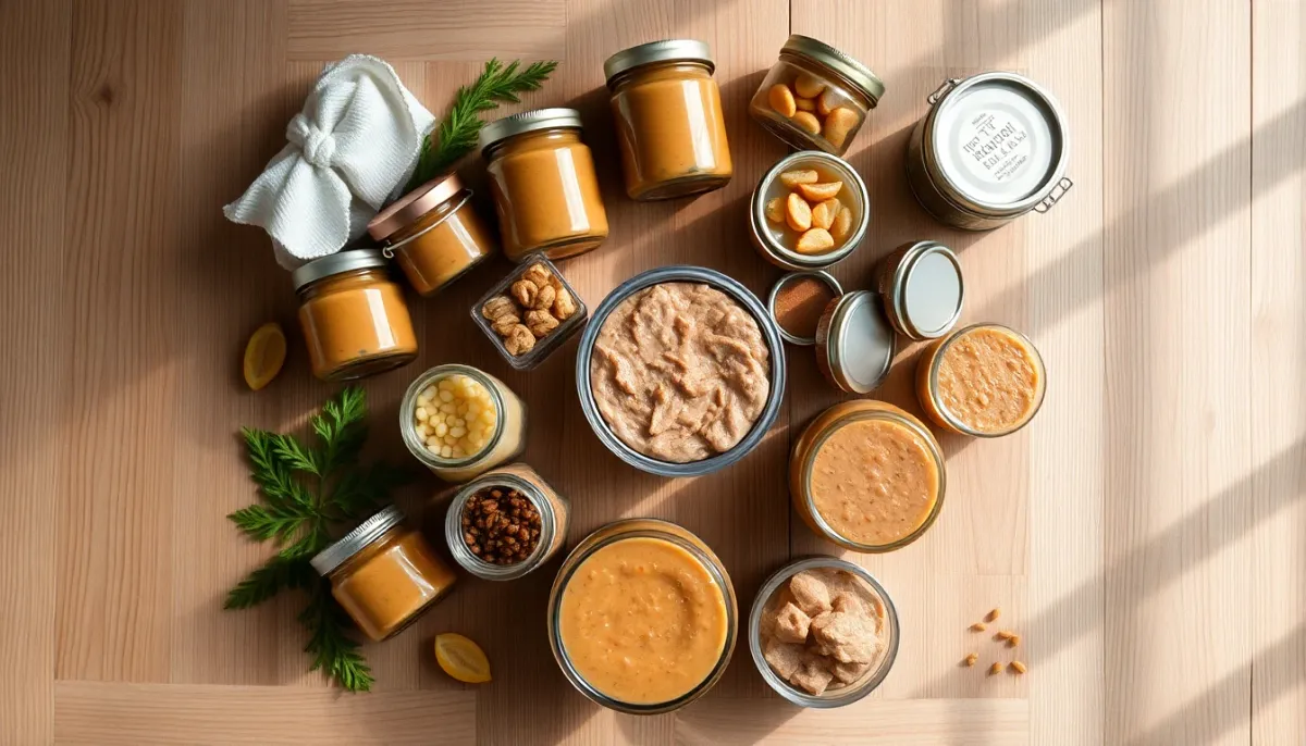 Assortiment de conserves et bocaux de rillettes et pâtés disposés en vue de dessus