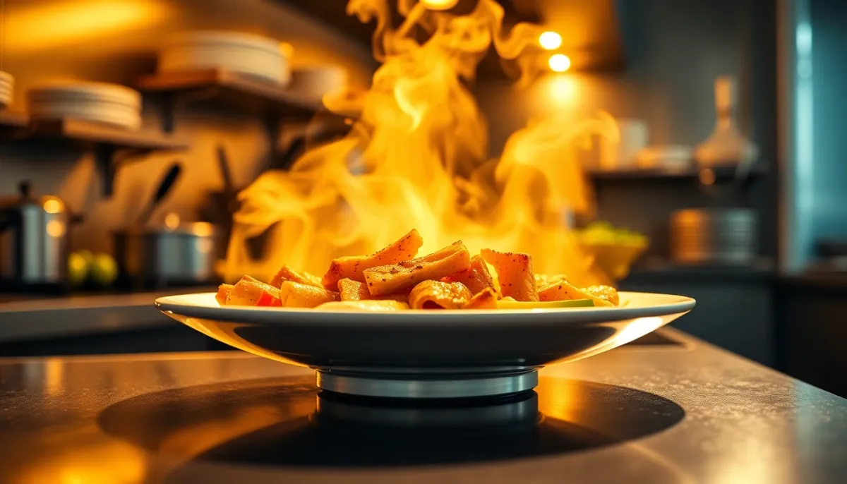 Préparation culinaire d'aliments chauffés dans une cuisine moderne avec vapeur visible