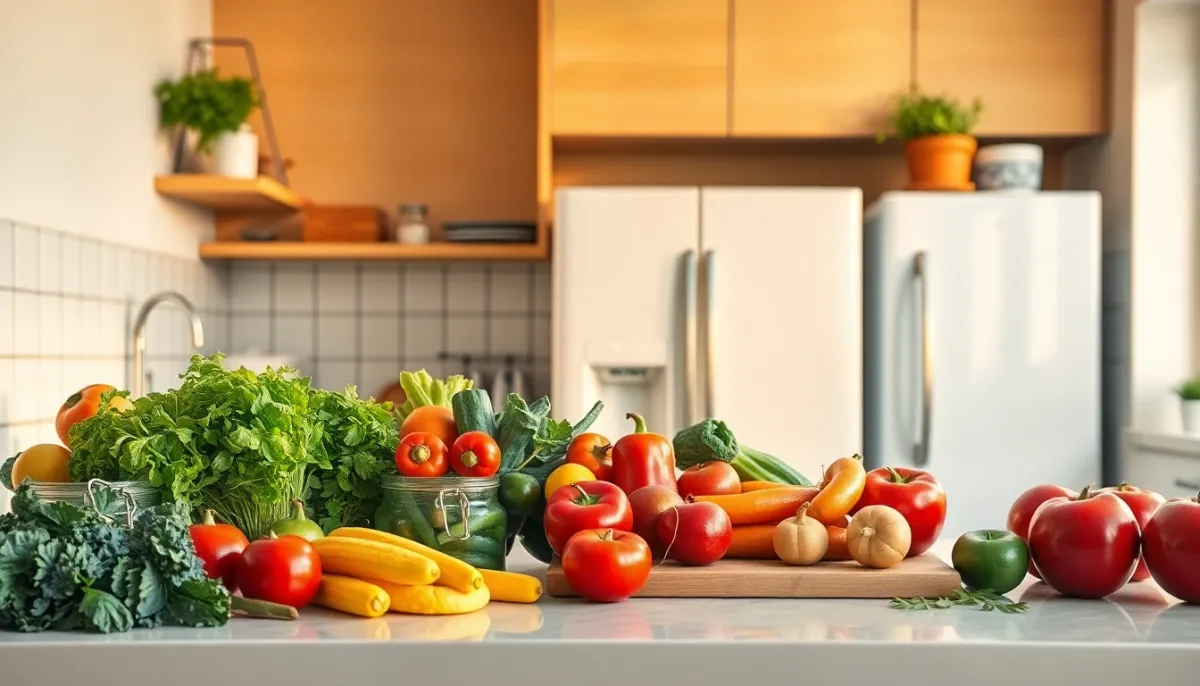 Plan d'une cuisine bien organisée avec aliments frais et réfrigérateur, illustrant les bonnes pratiques de conservation et d'hygiène alimentaire