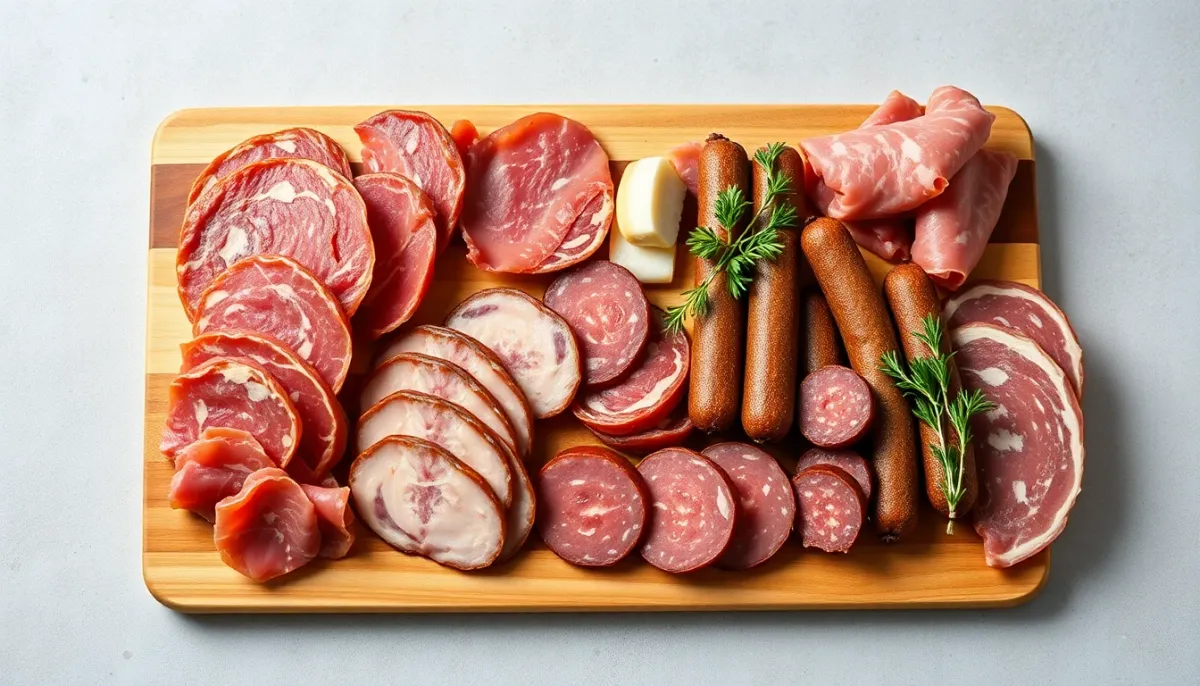 Assortiment de charcuteries crues et séchées disposées sur une planche en bois