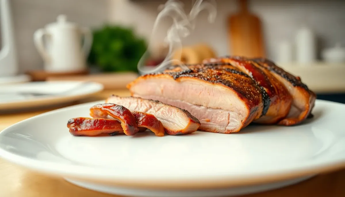 Viande cuite à cœur présentée sur une assiette blanche, montrant la cuisson homogène